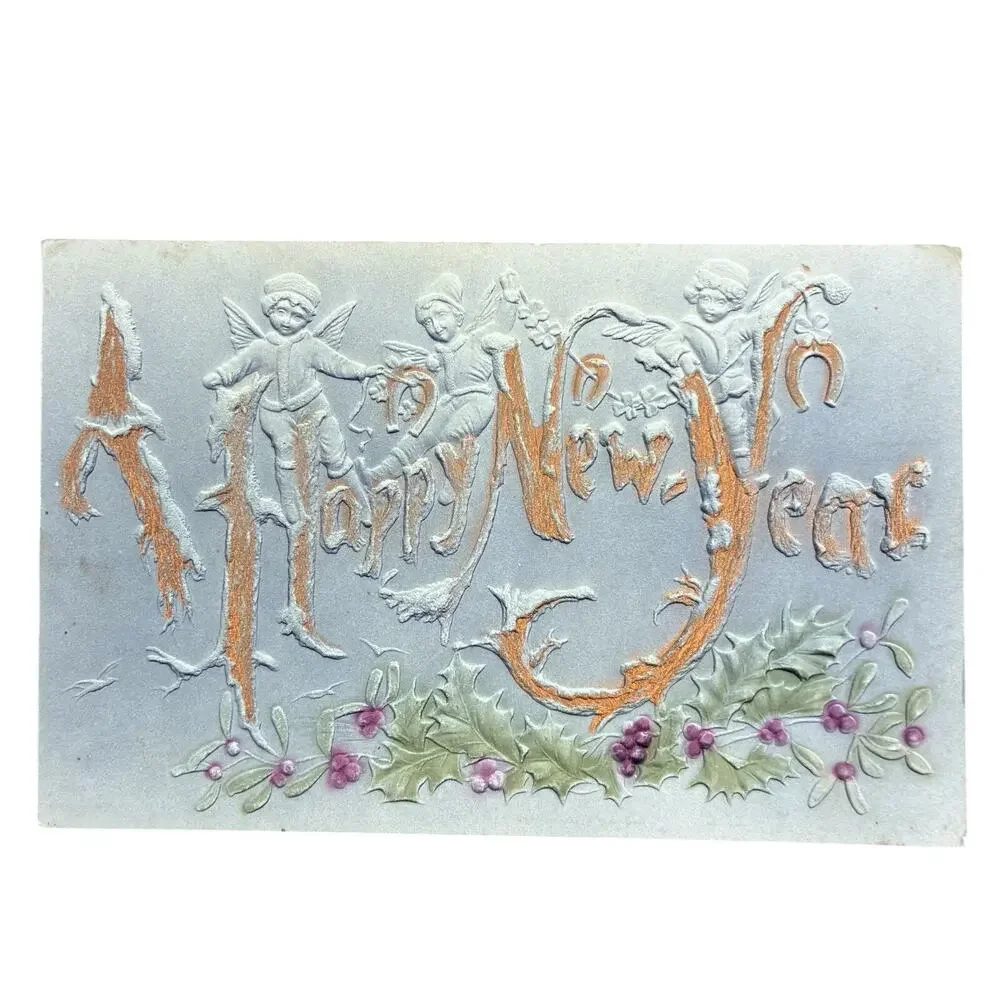Antique Happy New Year Holiday Postcard Embossed Early 1900s Angels Embossed
